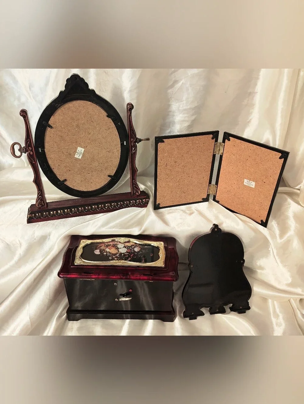 Vintage Mahogany-Style Musical Jewelry Box And Picture Frame Bundle